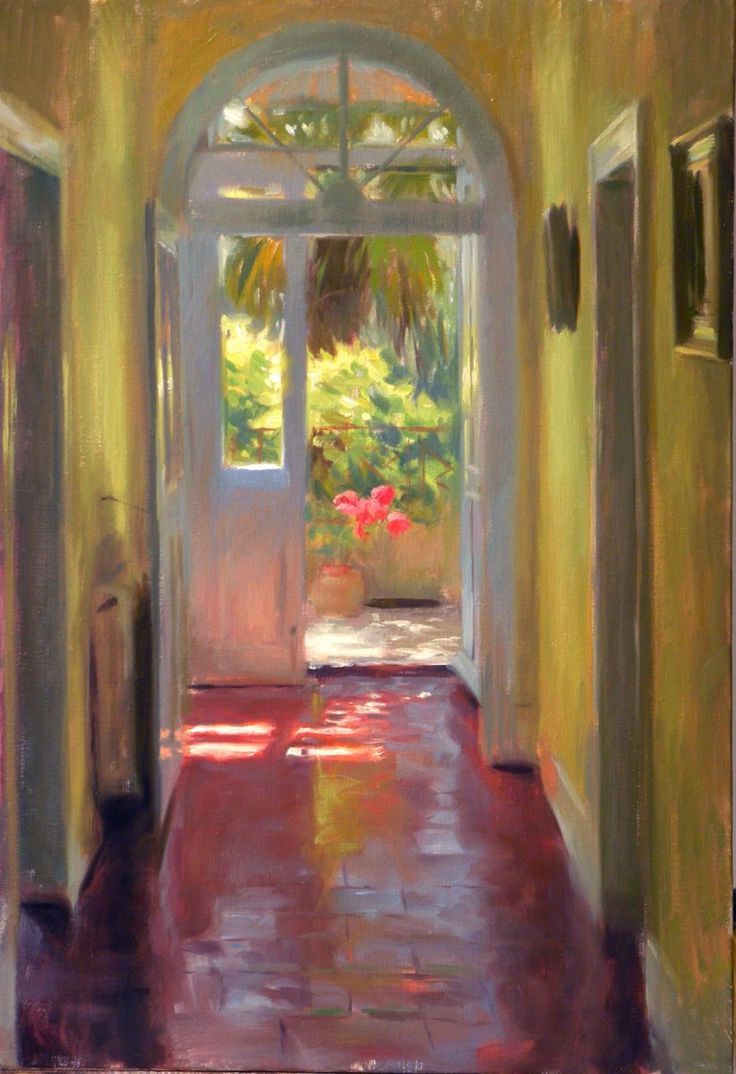 a painting of an open door leading into a garden