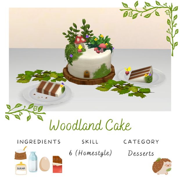 there is a cake on the table with flowers and leaves around it that says woodland cake