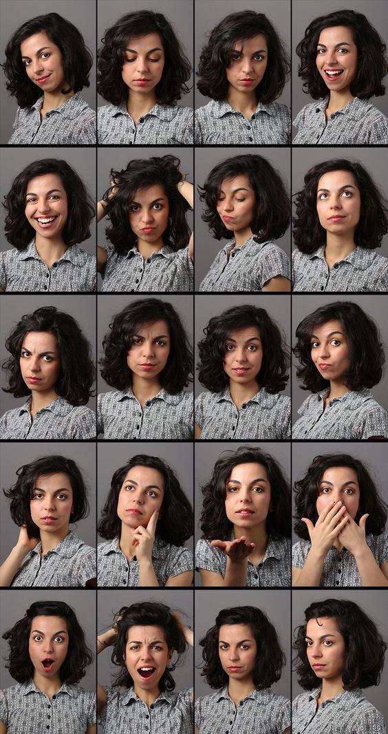 many different pictures of a woman making faces and holding her hand to her face with both hands