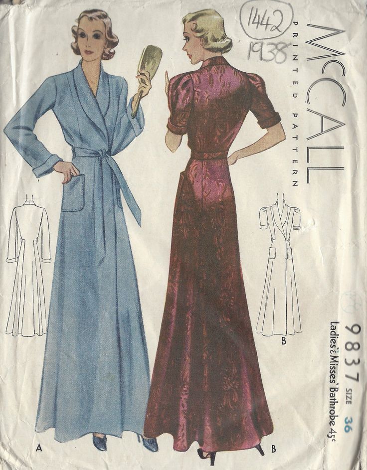 ~ Circa/Date: 1938 ~ Details:   BATHROBE or DRESSING GOWN ~ Size/Measurements (Inches):     ~ Size:  36    ~ BUST: 36″     ~ Waist: 30″      ~ Hip: 39″  ~ Please Note: ~ You are buying a 'Professional Reproduced' copy of this sewing pattern. Copied from the original sewing pattern. Produced in Full Scale Pattern Pieces ready to cut with full instructions included. Reproduced on high quality 50 gm paper with black ink, durable and easier for reuse. Printed by a Professional Printing Company.   ~ With this product comes an accompanying 'Booklet' and inside the Booklet it includes: ~ A 2-page Instructions and Illustrations on 'How to Adjust Your pattern to your Personal Measurement.' ~ Personal Measurement Chart ~ Body Form Illustrations ~ Fitting Checklist ~ Metric Equivalency Chart ~ Note P Dressing Gown Pattern, Blithe Spirit, Vintage Vogue Sewing Patterns, Lingerie Patterns, Scale Pattern, Gown Pattern, Vogue Sewing, Vogue Sewing Patterns, 1930s Fashion