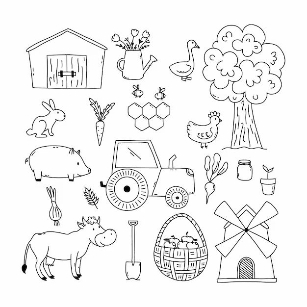 the farm animals are depicted in this black and white drawing, which is part of a coloring page