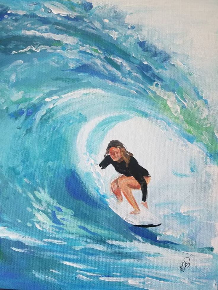 a painting of a woman riding a wave on a surfboard in the ocean,