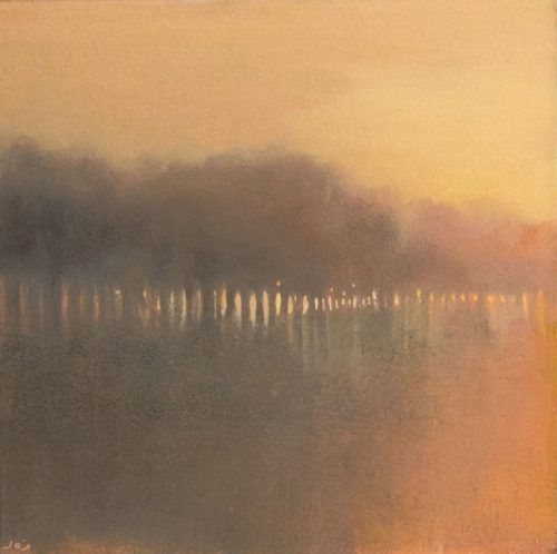 an oil painting of a lake with trees in the distance and fog on the water