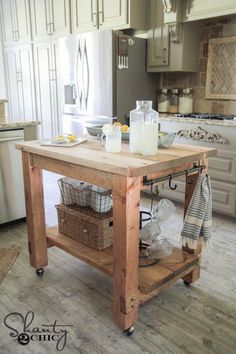 a kitchen island with baskets on it