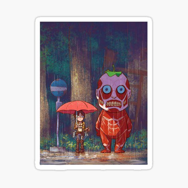 an anime character holding an umbrella and standing next to another character in the rain sticker