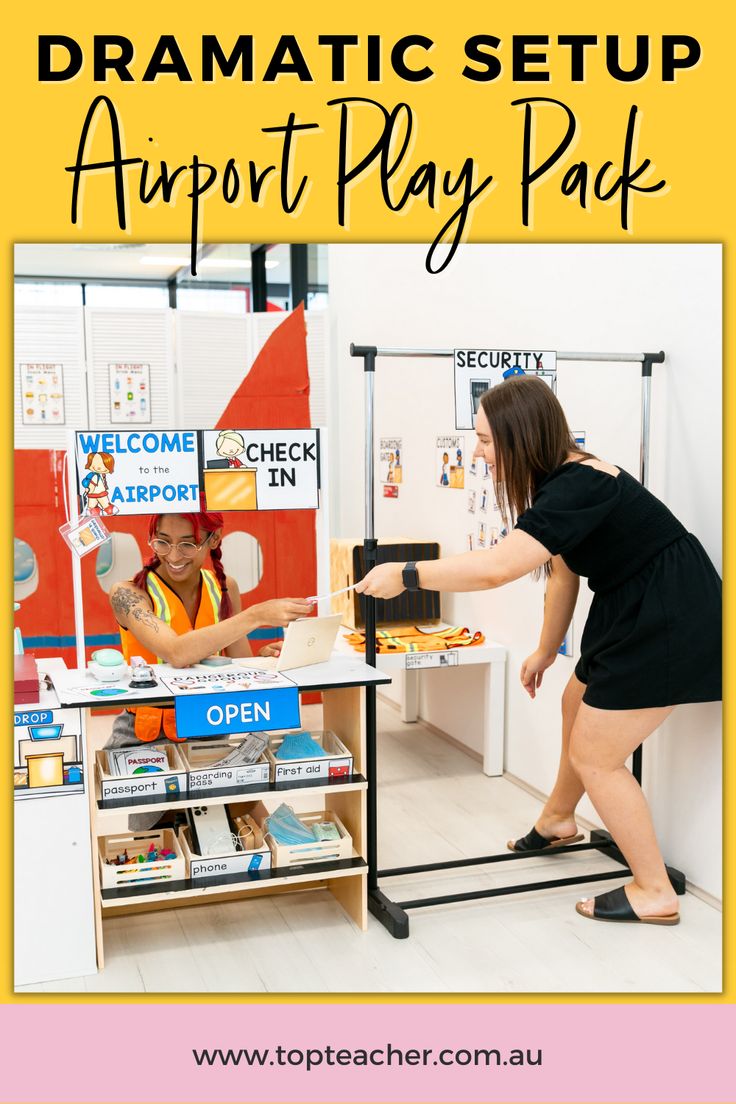 a girl is playing with an automatic play pack at the store and text overlay reads dramatic setup airport play pack