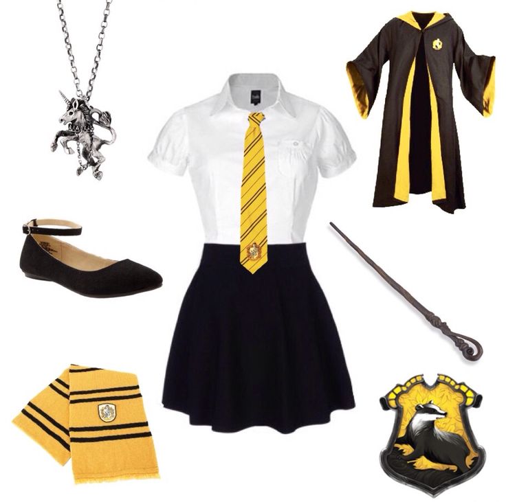 a harry potter cosplay outfit is shown in black, yellow and white with accessories