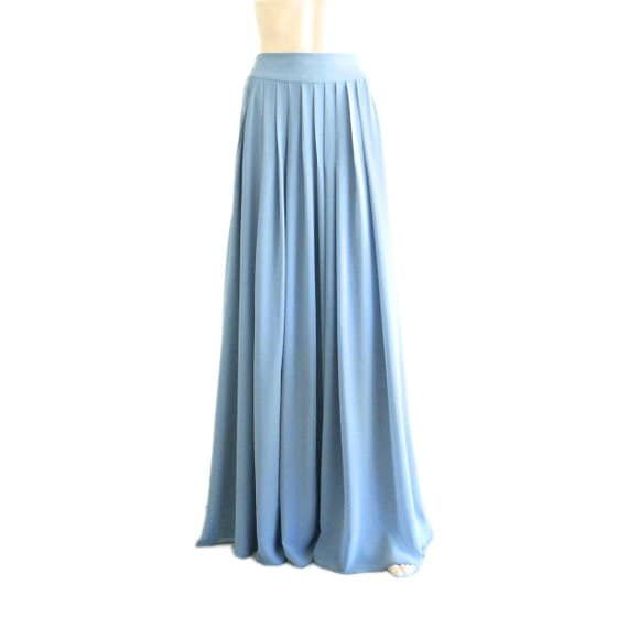 "It is made from soft and good quality Chiffon fabric. This is made to order in your measurements. Skirt length: 37\" .It can be made longer or shorter. It is made with a zipper. You can choose other colors from the color chart. When you order please give me your measurements: 1: The length of the skirt from the top of the waistline to the bottom hem. 2: Waist ( where you want the waistline to be). 3: Hips ( around the fullest part) 4: And your color choice. *Note: The colors may show a little d Fitted Chiffon Pleated Bottoms, Solid Full-length Party Skirt, Long Summer Skirt For Bridesmaid, Chiffon Pleated Evening Skirt, Pleated Skirted Bottoms For Wedding, Blue Pleated Evening Skirt, Wedding Pleated Skirted Bottoms, Pleated Skirt Bottoms For Wedding, Evening Chiffon Pleated Skirt