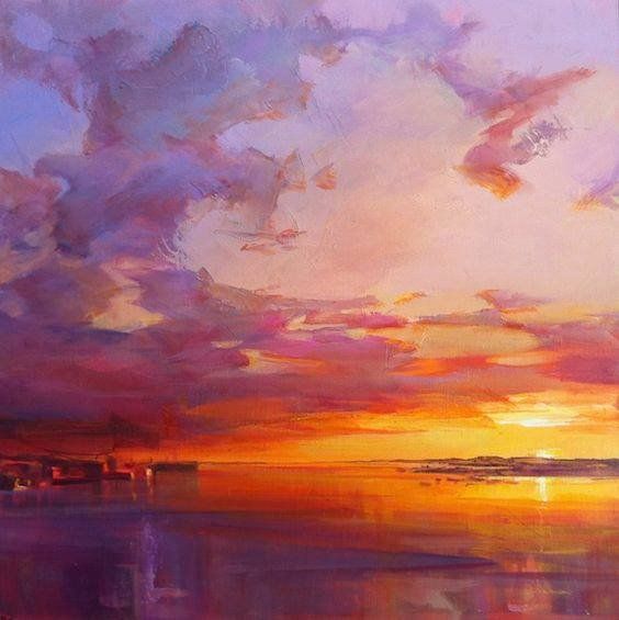 an oil painting of a sunset over the ocean with clouds in the sky and water below