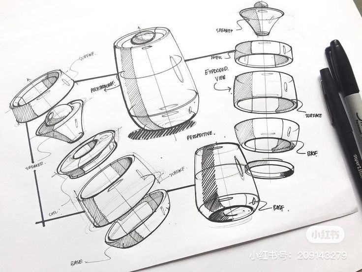 a drawing of different types of vases on top of a paper next to a pen