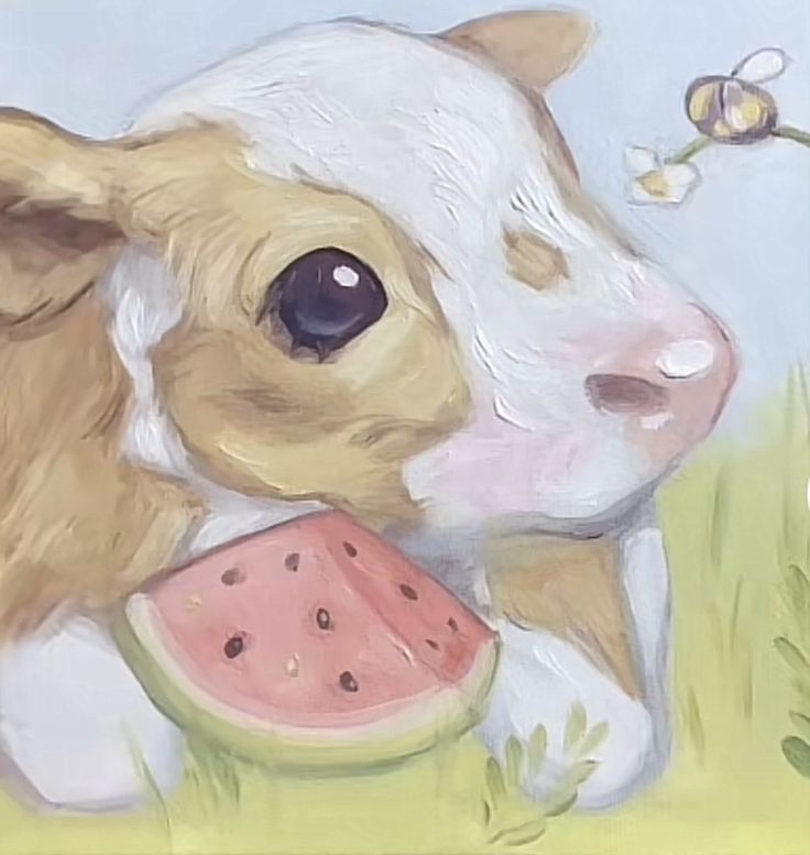 a painting of a brown and white cow eating a piece of watermelon with a flower in the background