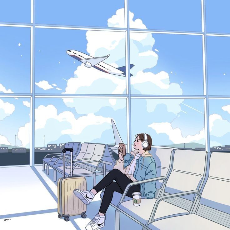 a woman sitting in an airport waiting for her plane to take off and another airplane is flying overhead