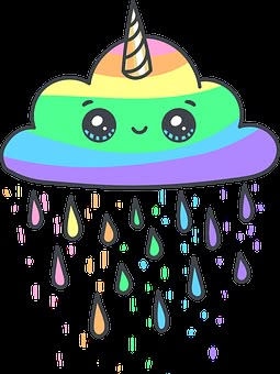 an image of a rainbow cloud with a unicorn hat on it's head and rain drops