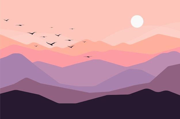 the birds are flying over the mountains at sunset