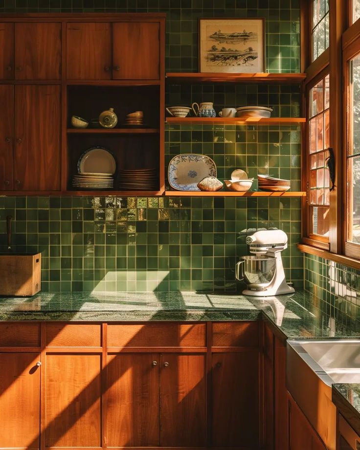 50s Interior Design showcased in a vibrant kitchen with pastel hues and vintage accessories 50s Interior Design, Kitchen With Wood Cabinets, 50s Interior, 50s House, 70s Interior Design, Green Tiles, 70s Interior, Kitchen Guide, 70s Home