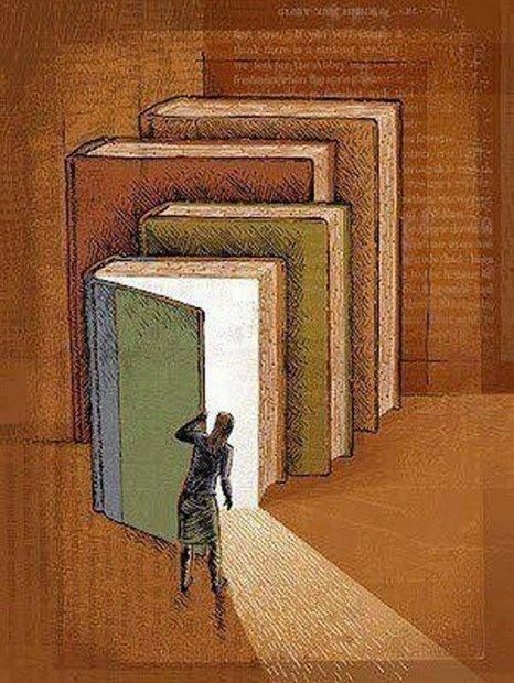 a drawing of a person standing in front of a stack of books with the door open