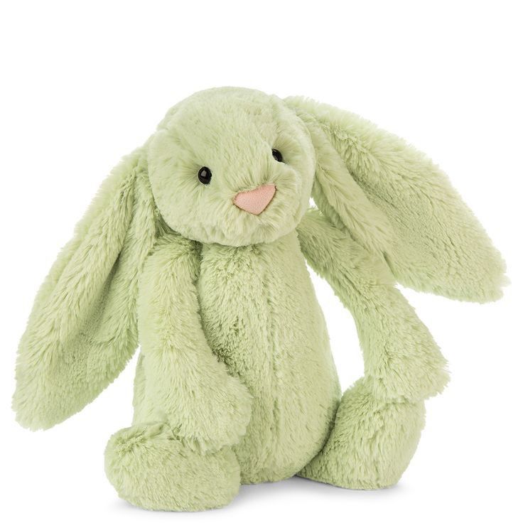 a light green stuffed rabbit sitting up against a white background