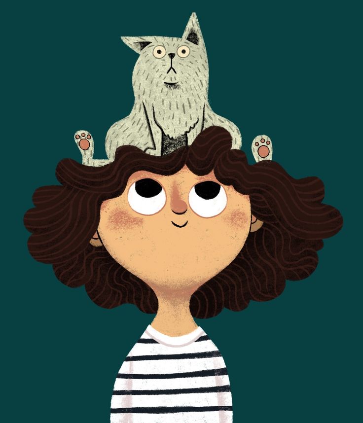 a drawing of a woman with cats on her head and another cat sitting on top of her head