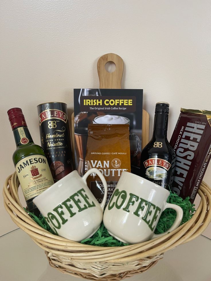 a wicker basket filled with coffee and liquor