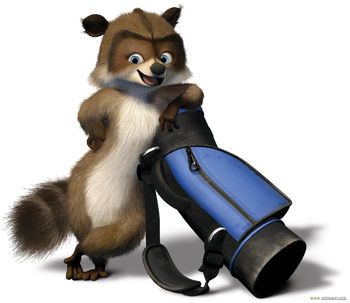 a cartoon squirrel holding a blue and black bag with its paws on it's back