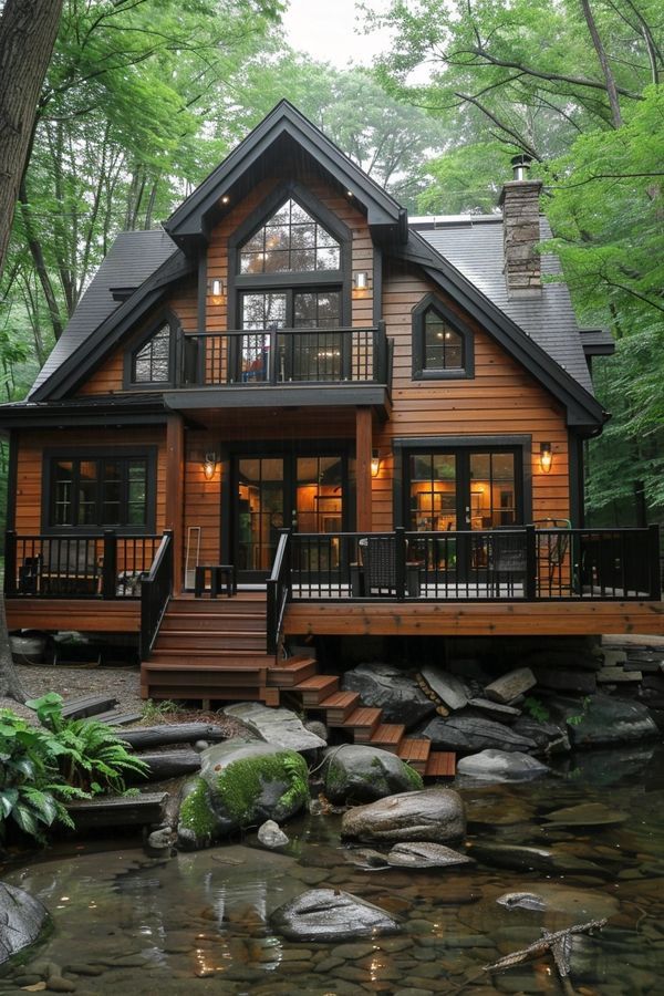 a large wooden house sitting on top of a lush green forest next to a river