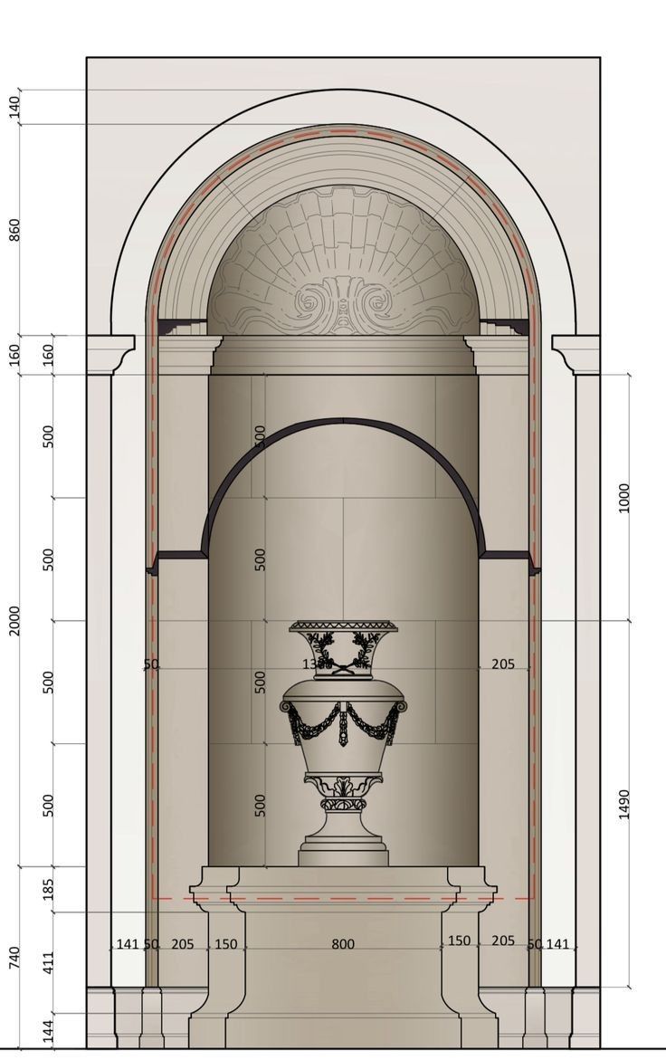 an architectural drawing of a fountain in the middle of a room with columns and arches