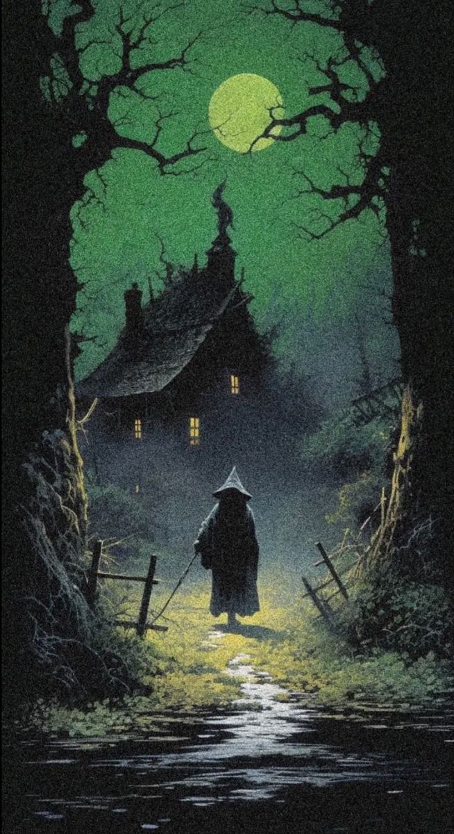 a painting of a person walking down a path in front of a house at night