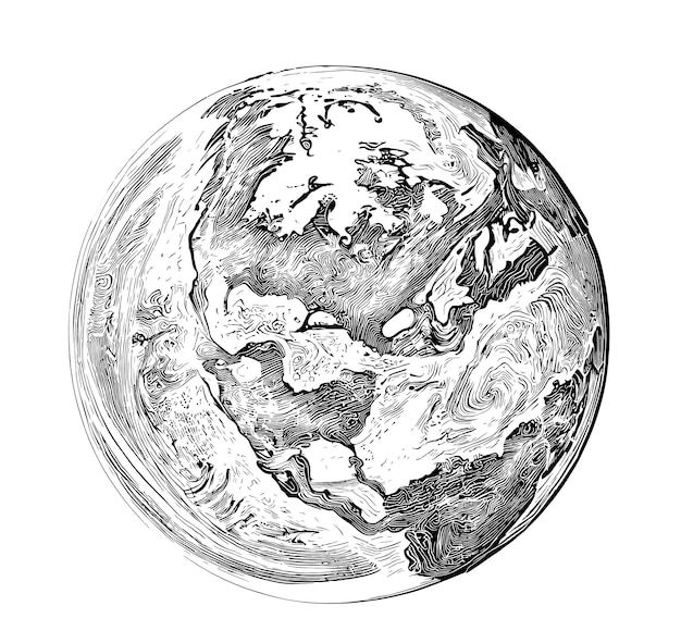 an ink drawing of the earth in black and white