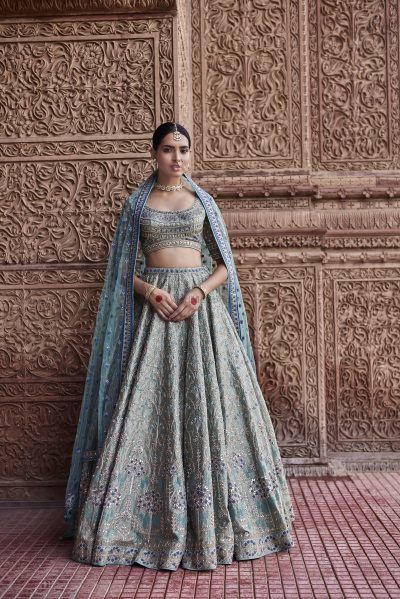 Anita Dongre Lehenga, Muted Turquoise, Saree Bollywood, Organza Lehenga, Lehnga Dress, Indian Bridal Lehenga, Green Lehenga, Blue Lehenga, Anita Dongre