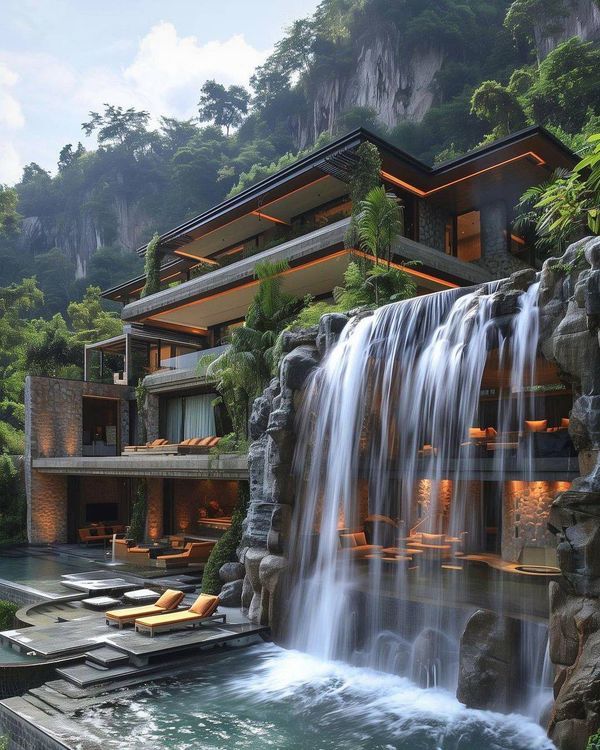 a house with a waterfall in front of it and some lounge chairs around the pool