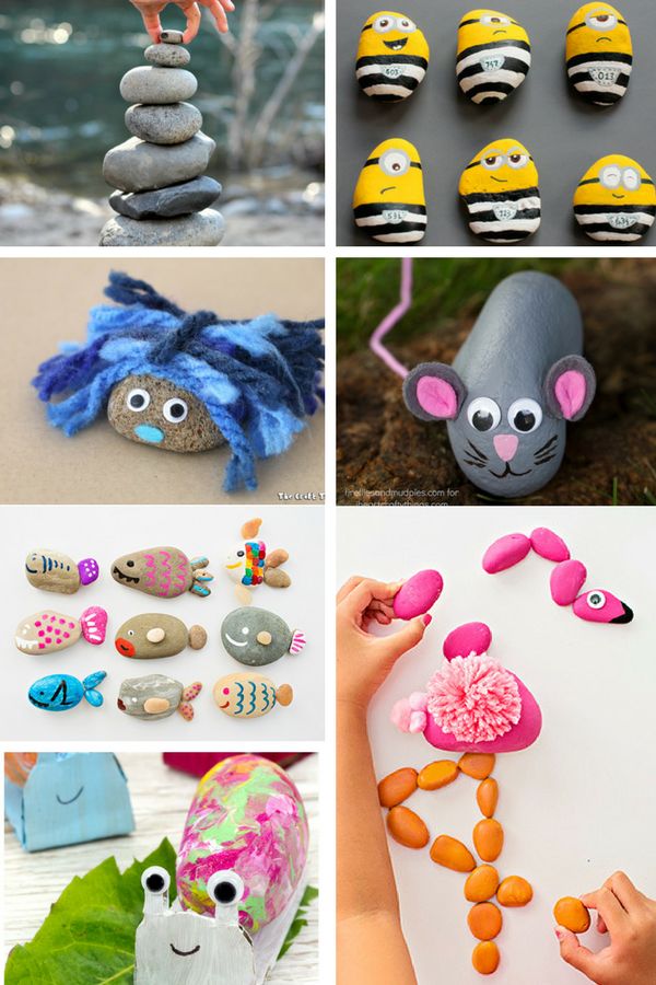 some rocks are made to look like animals and other things that are painted on them