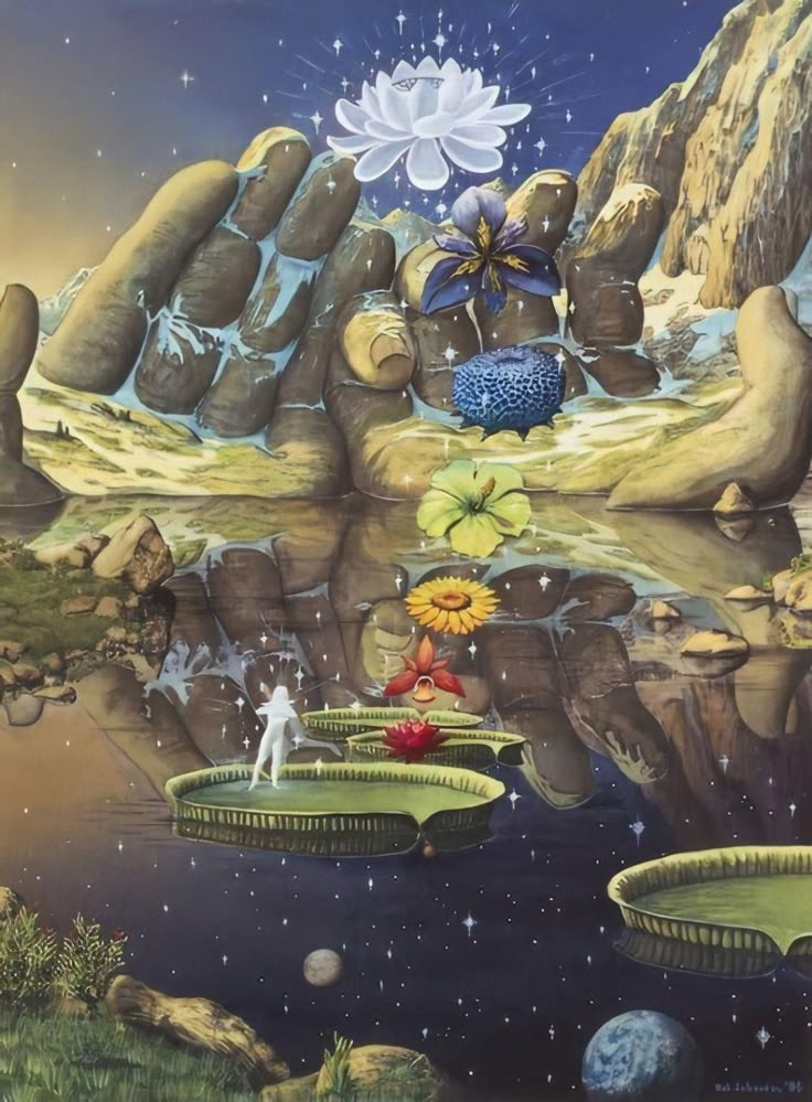 an artistic painting with flowers and plants floating in the water, surrounded by large rocks