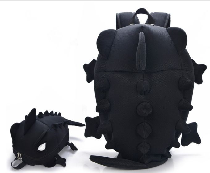 the back and side view of a black backpack with spikes on it