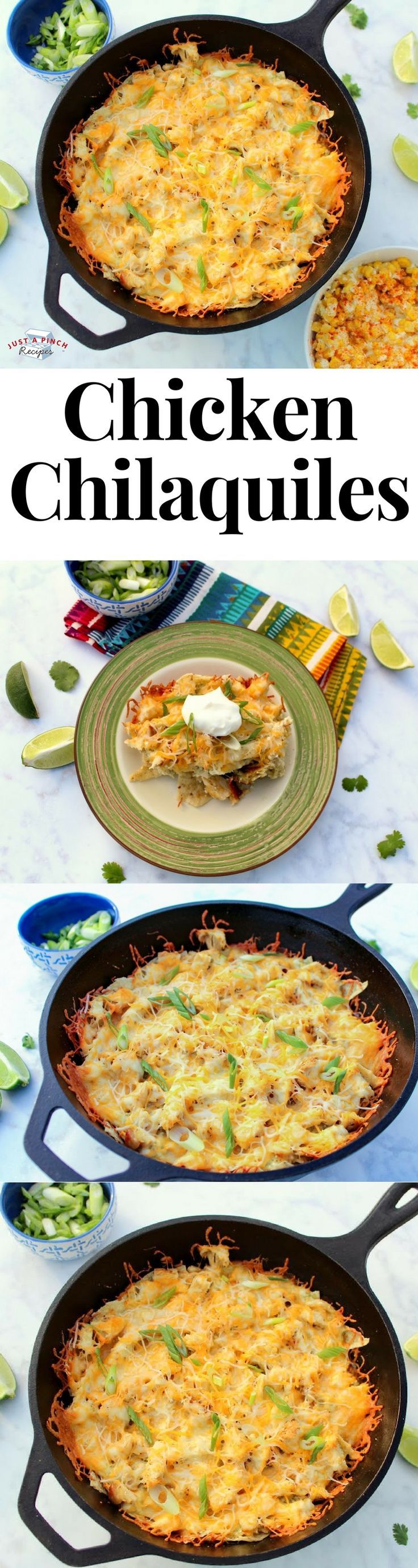 three different pictures of chicken and cheese casserole in pans on a table