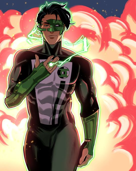 the green lantern is standing in front of some clouds and stars, with one hand on his chest