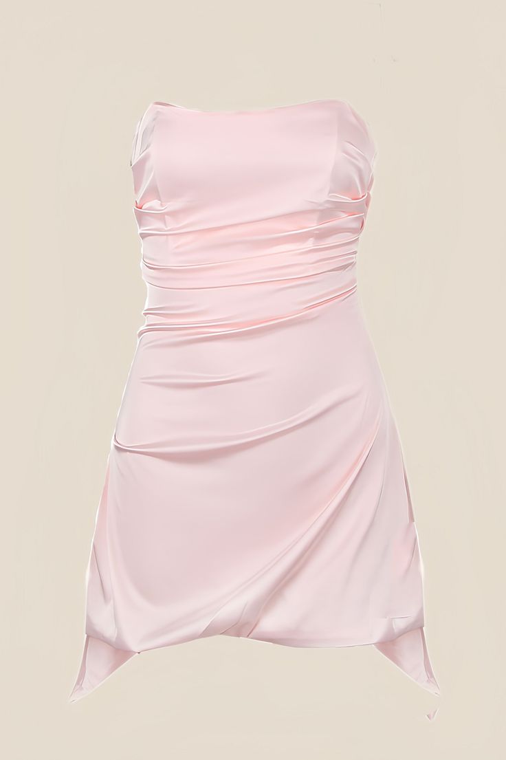 Pink Satin Hoco Dress, Pink Strapless Hoco Dress, Satin Ruched Dress, Homecoming Inspo, Senior Hoco, Short Princess Dress, Hoco 2024, Hoco Inspo, Semi Dresses