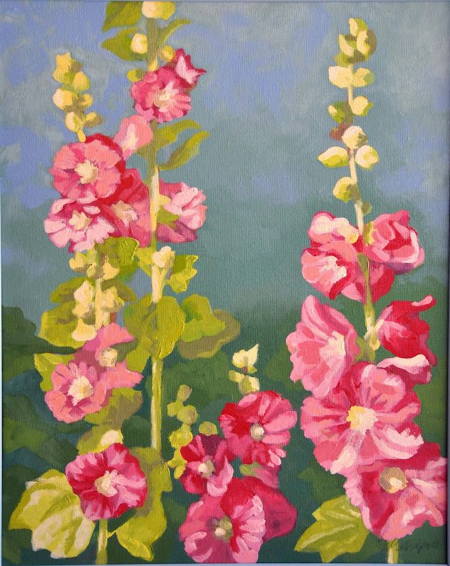 a painting of pink flowers with green leaves on a blue and green background in oil