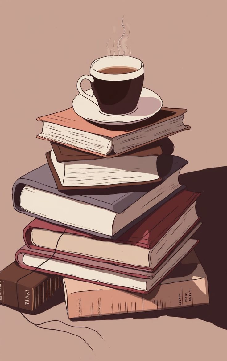 a stack of books with a cup of coffee on top