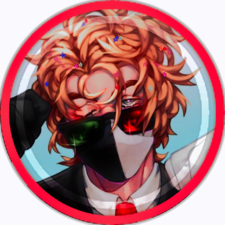 an image of a man with red eyes and blonde hair in a round frame that says,