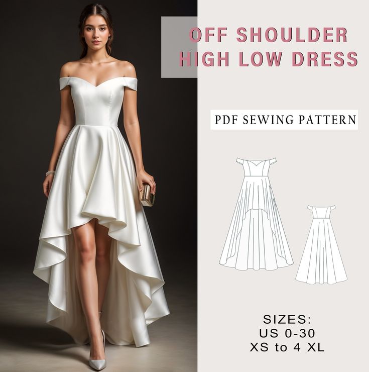 Digital sewing pattern for off shoulder high-low dress. ✔️ US Sizes: 2, 4, 6, 8, 10, 12, 14, 16, 18, 20, 22, 24, 26, 28, 30 ✔️ Standard sizes: XS, S, M, L, XL, 2XL, 3XL, 4XL/5XL ✔️These templates are suitable for A4, A0 and US Letter size paper. When you purchase this pattern, you will receive a digital (pdf) sewing pattern and instructions. Once your payment processes, you will automatically receive a download links of pattern files. If you have any problem accessing the files, please don't hes High Low Skirt Sewing Pattern, Corset Dress Sewing Pattern, Wedding Dress Patterns Sewing, Dress Patterns For Beginners, High Low Dress Pattern, Circle Dress Pattern, High Low Skirt Pattern, Hi Low Wedding Dress, Pattern Wedding Dress