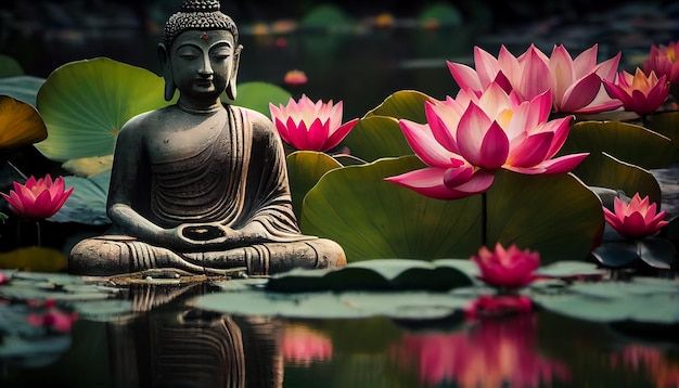 a buddha statue sitting on top of a lush green field next to water lilies