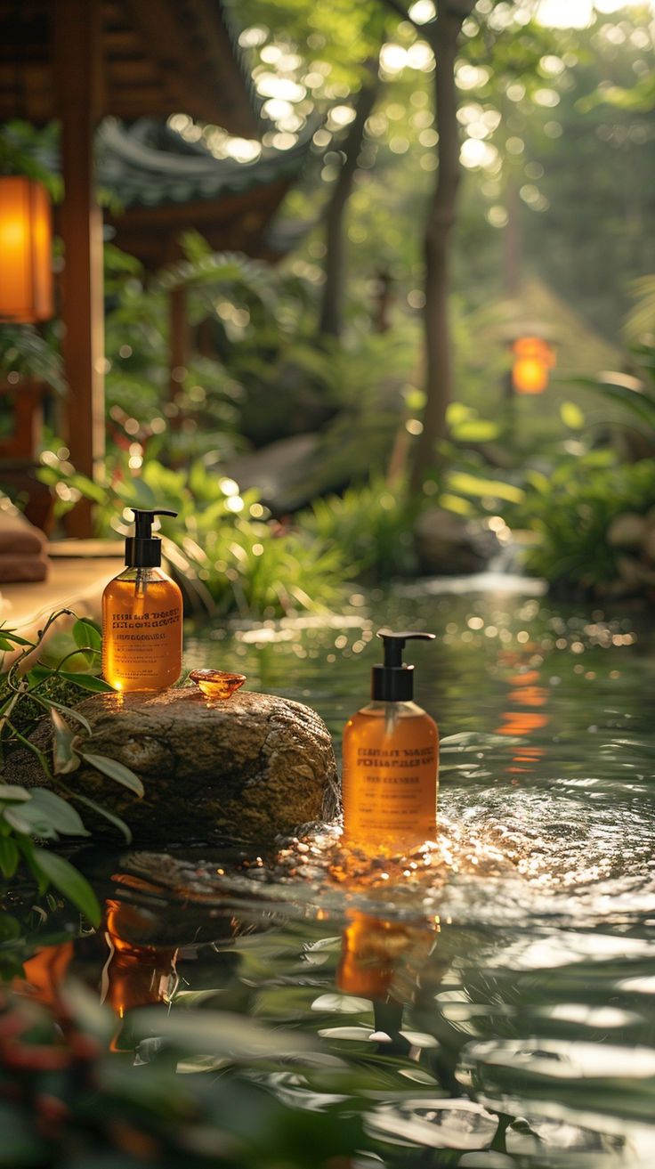 two bottles of soap sitting on top of a body of water in front of trees