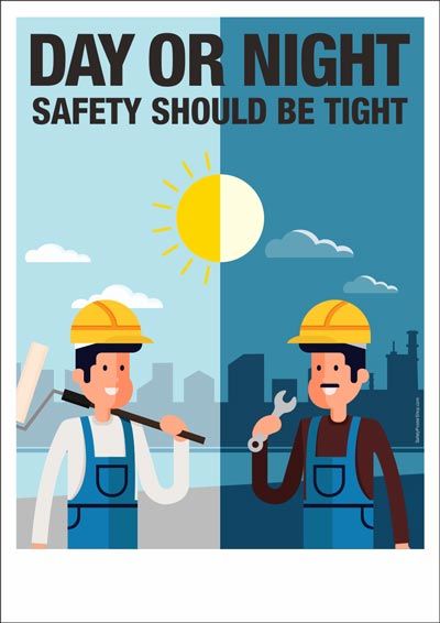 two men in hard hats and overalls holding wrenches with the words day or night safety should be tight