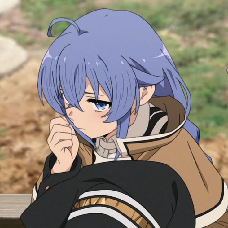 an anime character with blue hair sitting on a bench looking off to the side and holding his hand near his face