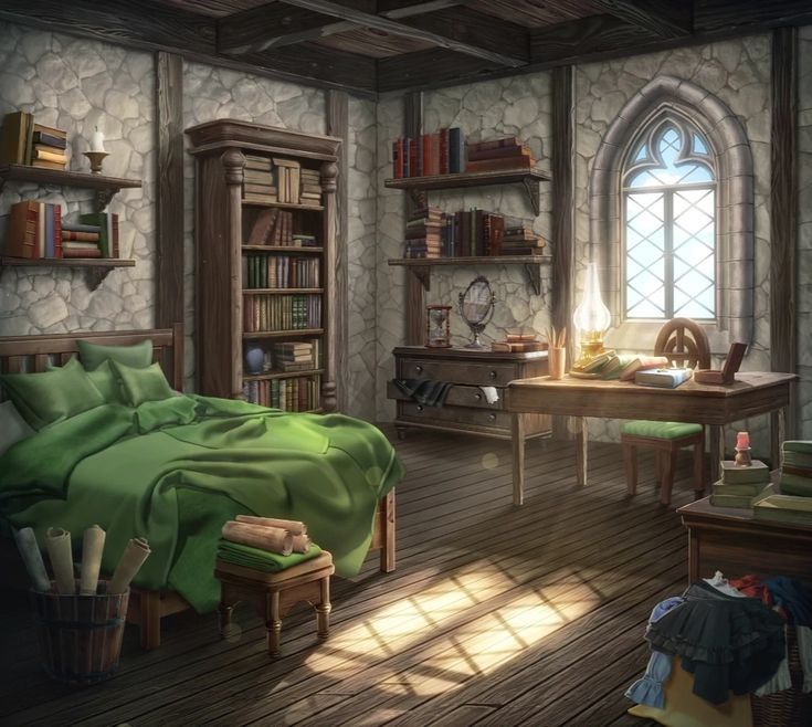 a room with a bed, desk and bookshelf filled with lots of books