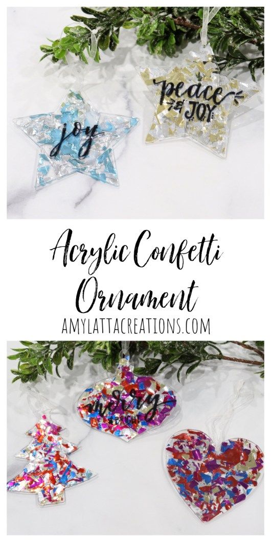 three star shaped ornaments with the words acrylic confetti ornament on them