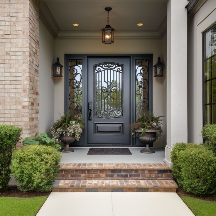 a front door with two planters on the steps and an entry way leading to it