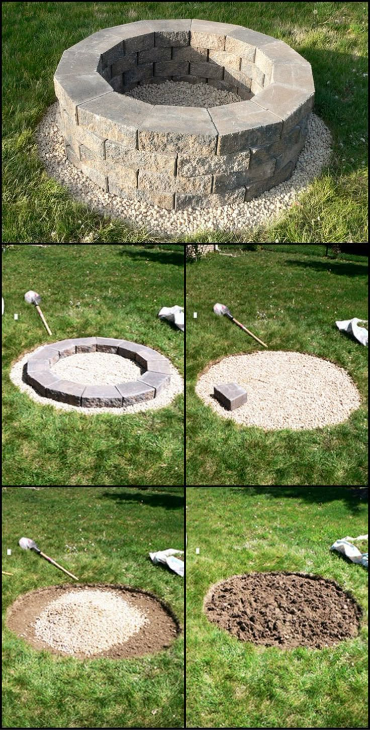 four different pictures of a fire pit in the grass