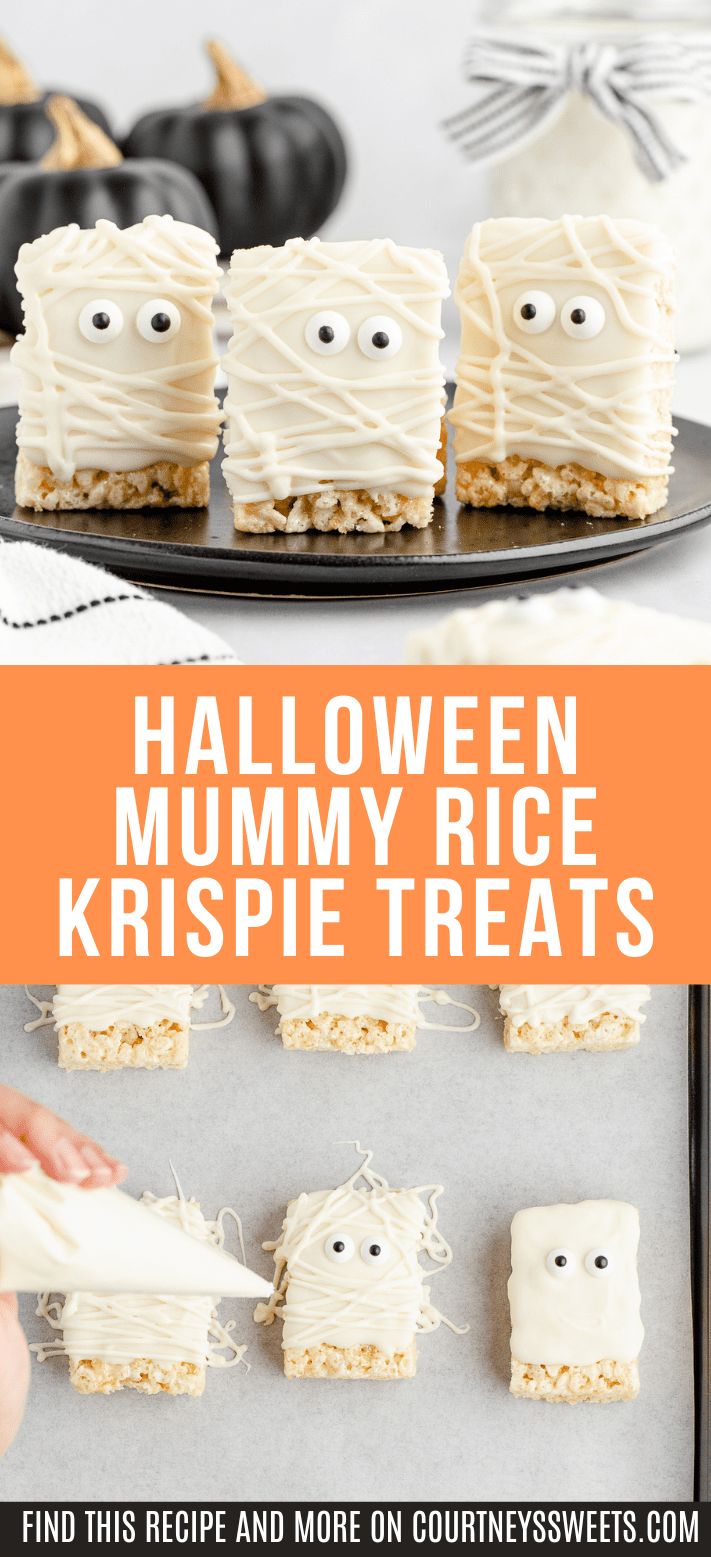 an image of halloween rice krispie treats on a tray with text overlay that reads, halloween mummy rice krispe treats