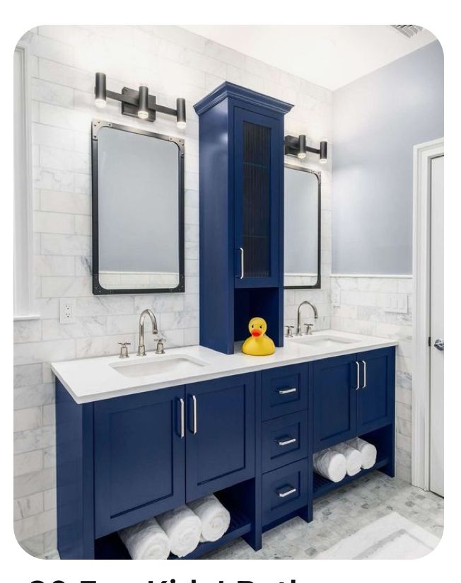 a bathroom with blue cabinets and white counter tops is featured in this ad for the home depot